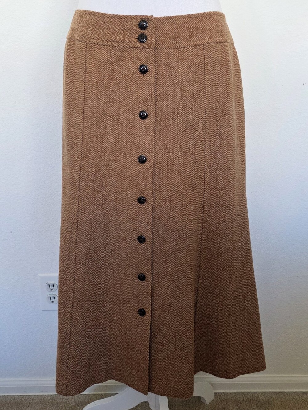 Talbots Camel Brown 100% Wool Herringbone Button-Front A-Line Skirt Size 10